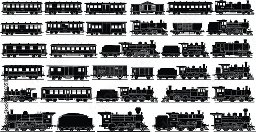 Large black vector silhouette set of vintage steam locomotives passenger train cars and cargo wagons for historical railway transport and industrial heritage branding
