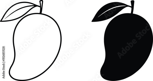 Mango fruit vector icon set with outline and silhouette black isolated designs on white background for organic food logo web and print graphics