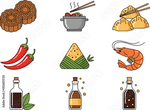 Asian Food Icon Set with Dumplings, Mooncake, Rice Zongzi, Shrimp and Sauces for Traditional Cuisine Illustration Designs