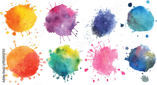 set of watercolor paint splashes Colorful watercolor paint splash stains set on a white Colorful paint splashes on white background. Colorful watercolor paint splash stains set on a white background.