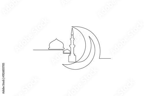 Crescent moon and mosque dome in continuous one line drawing style
