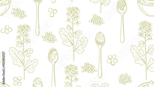Seamless pattern with light green illustrations of plants, spoons, bowls, and clusters of round shapes on a white background, conveying a natural tone.