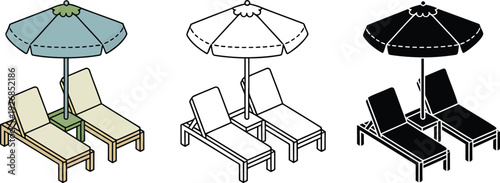 Beach chairs with umbrella silhouette & Outline and illustration set isolated on transparent background