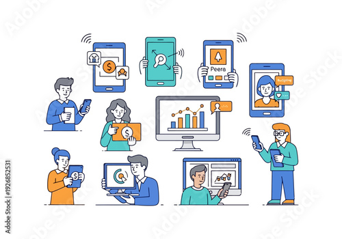 Diverse people engaging with various digital devices showcasing communication and data analysis concepts