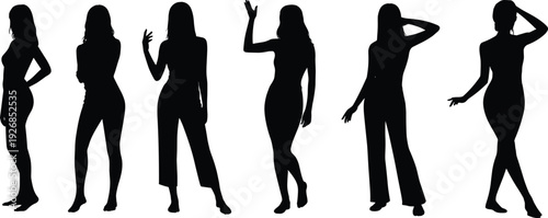Stylish women silhouettes set with fashionable poses isolated on white background, female figures, beauty, fashion models, elegance, lifestyle, modern design illustration