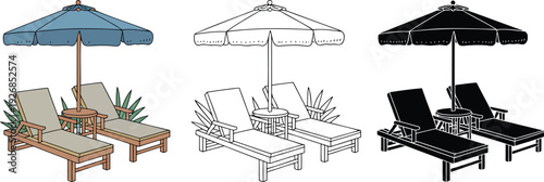 Beach chairs with umbrella silhouette & Outline and illustration set isolated on transparent background