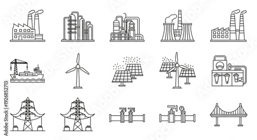 Industrial infrastructure and energy production facilities in a monochrome sketch style.