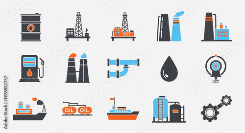 Oil and gas industry icons representing various aspects of the sector.