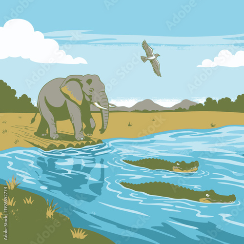 Elephant Standing on Riverbank Near Water.