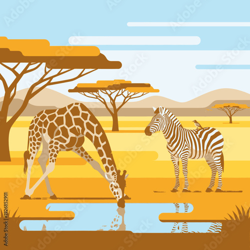 Giraffe and Zebra Drinking Water Together.