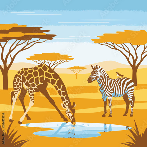 Giraffe and Zebra Drinking Water Together.
