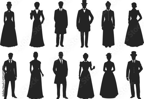 Victorian era people silhouettes set with men and women in vintage clothing formal attire historical characters isolated for retro design illustration