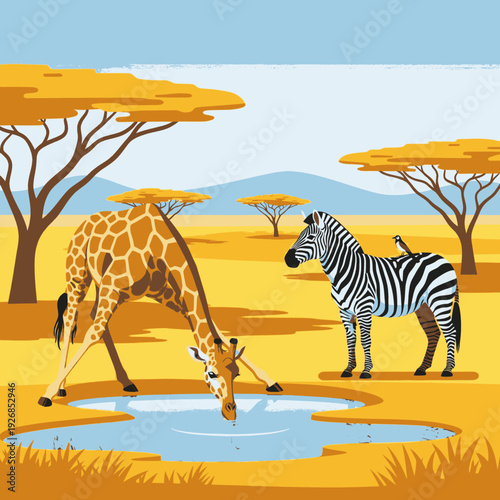 Giraffe and Zebra Drinking Water Together.