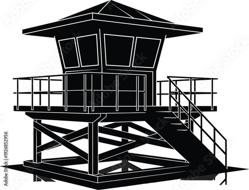 Lifeguard tower silhouette, beach safety station, watchtower vector illustration, coastal rescue building, wooden observation post, summer vacation icon, flavector, lifeguard station design.