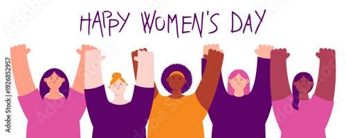 Diverse beautiful happy women friends together. Female characters. Feminism, empowerment, girl power, gender equality concept. 8 March, Womens Day design element, banner. Flat vector illustration