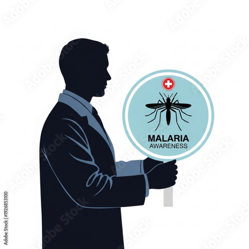 A medical professional holding a malaria awareness sign with a mosquito illustration in a clinical setting from a side view