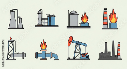 Illustrative depiction of various industrial oil and gas refinery plants.