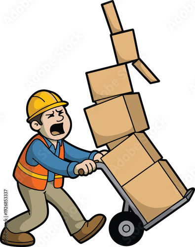 Warehouse worker pushing overloaded hand truck with stacked boxes struggling heavy load logistics delivery concept cartoon illustration isolated on white background