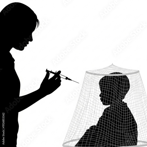 A silhouette illustration of a person vaccinating a child under a protective net, depicted in a simple yet powerful scene