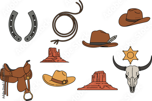 Western cowboy icon set with hats, lasso, horseshoes, saddle, sheriff star, desert rocks and skull, colorful vector illustration for wild west theme design