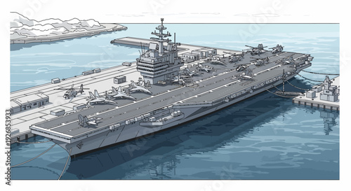 Large Aircraft Carrier Ship in Water.