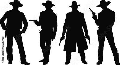 Wild west cowboy silhouettes set with gunslingers in hats holding revolvers isolated for western theme illustration vintage outlaw characters design