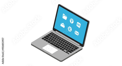 Open Laptop Computer with Icons on Screen.