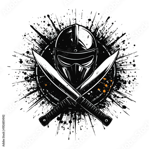 Illustration of black and white illustration of a helmeted warrior with crossed swords on a splattered paint background