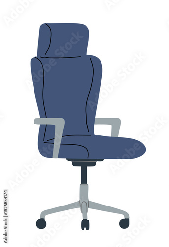 Minimalist flat illustration of a modern blue office chair with high back, gray armrests, and caster wheels, isolated on transparent background.