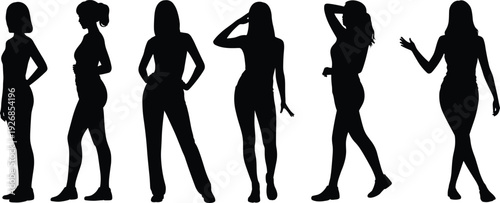Women silhouettes collection with modern stylish poses isolated on white background, female figures, fashion models, beauty, elegance, lifestyle, contemporary design illustration