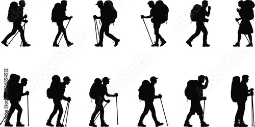 Hikers silhouettes collection with trekking poles and backpacks isolated on white background, outdoor adventure, hiking activity, travel exploration, mountaineering lifestyle concept