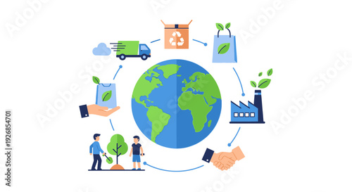 Global Green Economy & Circular Supply Chain Illustration. Sustainable Business Model with Eco-Friendly Production, Logistics, Consumption, Recycling, and Reforestation