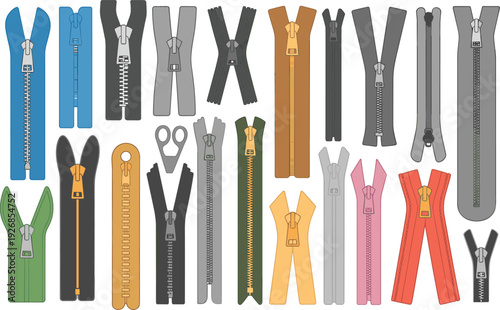 Zipper collection set with multiple styles and colors isolated on white background, clothing fasteners, sewing accessories, tailoring tools, fashion design elements illustration