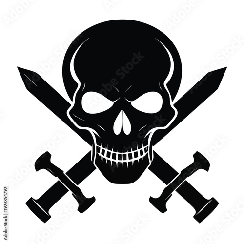 Illustration of black skull and crossbones symbol with swords and bones
