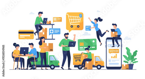 E-commerce Logistics, Online Shopping & Delivery Process Illustration. Digital Business, Supply Chain Management, and Mobile Payment Concept Vector.