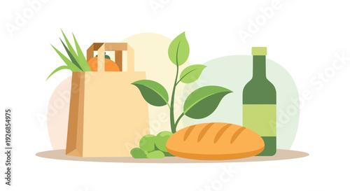 Healthy & Sustainable Grocery Shopping: Fresh Food, Bread, Bottle in Eco-Friendly Paper Bag Illustration