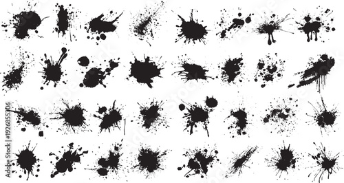  Big sat Abstract grunge paint brush stroke set. Graphic element design with ink splatter or splash, circle, line and frame. Collection of various black brush strokes on a white background.

