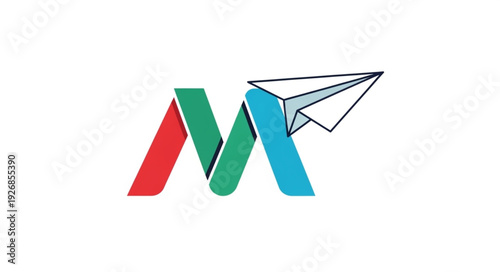 Paper airplane flying over colorful abstract letter M logo.