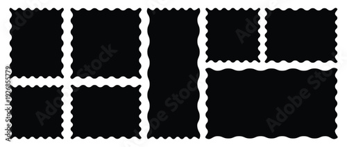 Rectangular frames with scallop edges set. Rectangle and square shapes template of text box, tag or sticker with scalloped borders isolated on white background