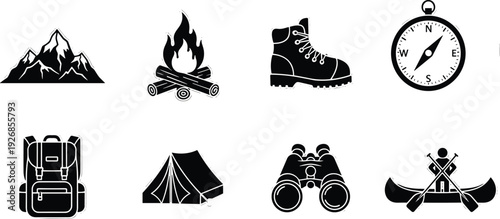 Outdoor adventure silhouette icon set featuring mountain campfire hiking boots compass backpack tent binoculars canoe camping exploration travel gear illustration