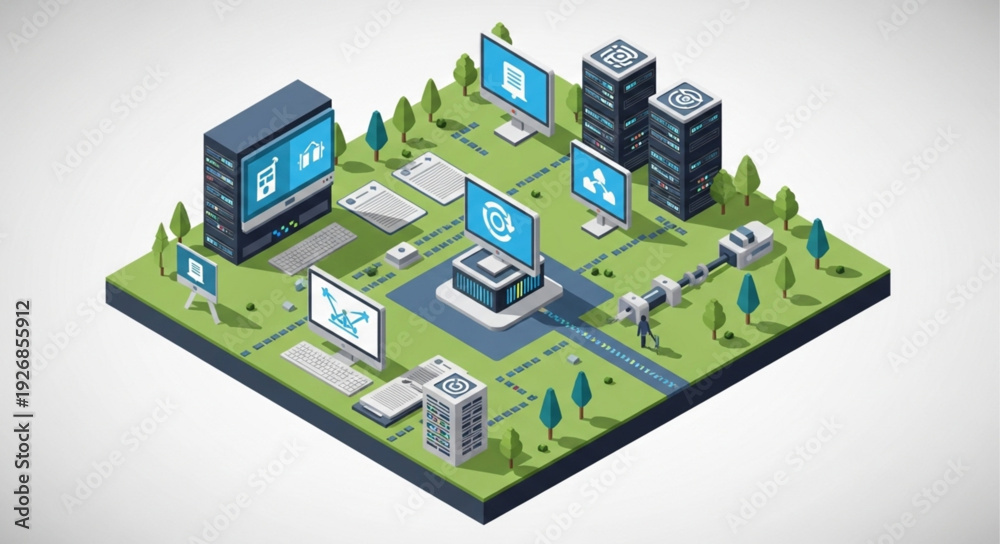 Fototapeta premium Isometric Digital City Network Infrastructure Technology Concept.