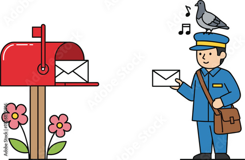 Cartoon Mailbox and Postman Character with Letter and Pigeon for Postal Service, Delivery Concept and Communication Illustration Designs