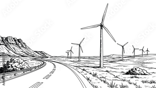 Winding road leads through a vast landscape with hills and several wind turbines. Sparse bushes and grass are in the foreground, conveying a serene, sustainable scene.