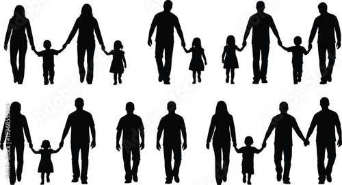 Family silhouettes collection vector illustration featuring parents and children holding hands isolated black parenting love concept design set