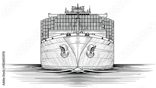 Front view illustration of a large container ship, laden with stacked containers above deck. Two anchors are visible, and the ship is on calm water.