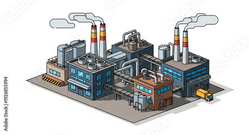 Industrial complex with smokestacks emitting pollution into the atmosphere, representing environmental concerns.