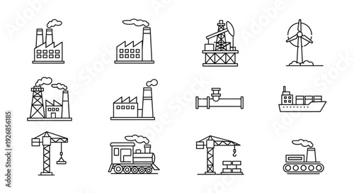 Industrial Icons Depicting Factories, Transportation, and Construction.