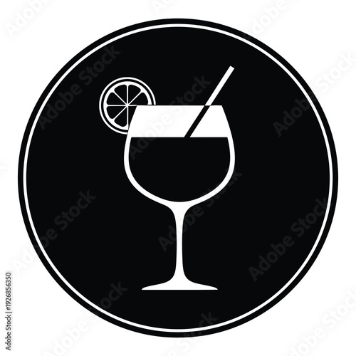 Black and white icon of a cocktail glass with straw and lemon slice icon