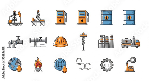 Oil and gas industry icons representing various aspects of the energy sector.
