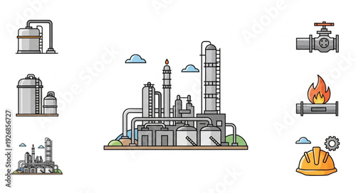 Detailed illustration of a large industrial oil refinery plant with pipelines and tanks.